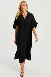 Women's Black Linen Midi Dress DMR85