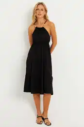 Women's Black Bead Detailed Wrapped Midi Dress HO52