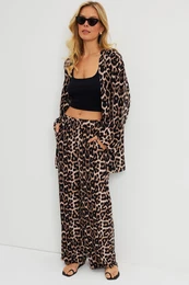 Women's Camel-Black Leopard Patterned Kimono Set G163