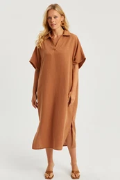 Women's Tan Linen Midi Dress DMR85