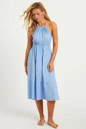 Women's Blue Beaded Detailed Wrinkled Midi Dress HO52