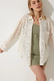 Happiness stanbul Women's Cream Premium Oversize Lace Shirt