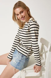Happiness stanbul Woman's Black Cream Gold Button Detailed Striped Knitted Blouse