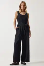 Happiness stanbul Women's Black Belted Linen Jumpsuit