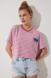 Happiness stanbul Women's Pink Embroidery Detailed Striped 100% Cotton Crop Knitted T-Shirt