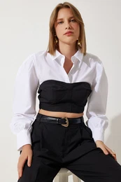 Happiness stanbul Women's White Black Color Block Crop Shirt Blouse