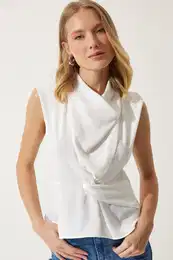 Happiness stanbul Women's Ecru Degaje Collar Flounced Sandy Knitted Blouse