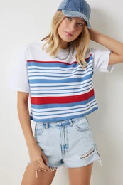 Happiness stanbul Women's White Blue Crew Neck Striped Knitted T-Shirt
