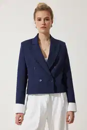 Happiness stanbul Women's Navy Blue Contrast Cuffed Short Blazer Jacket