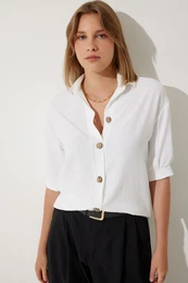 Happiness stanbul Women's White Balloon Sleeve Linen Ayrobin Shirt