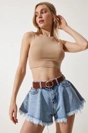 Happiness stanbul Women's Medium Blue Tasseled Mini Denim Shorts