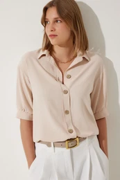 Happiness stanbul Women's Cream Balloon Sleeve Linen Ayrobin Shirt