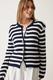 Happiness stanbul Women's Ecru Navy Blue Waistband Striped Knitwear Cardigan