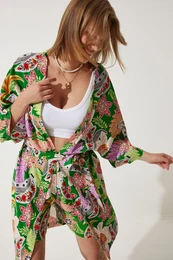 Happiness stanbul Women's Green Summer Viscose Kimono Shorts Set