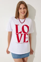 Happiness stanbul Women's White Printed Oversize Cotton T-Shirt