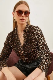 Women's Leopard Dark Coffee Patterned Woven Viscose Shirt