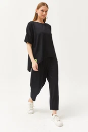 Women's Black Asymmetrical Blouse Soft Textured Bottom Top Crystal Suit