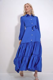 Trend Alaat Stili Women's Saks Shirt Collar Stone Button Detailed Skirt Frilly Woven Viscose Dress