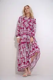 Trend Alaat Stili Women's Pink Robe Button Detailed Flounce Patterned Woven Viscose Dress