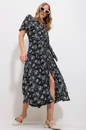 Trend Alaat Stili Women's Black Floral Patterned Buttoned Midi Length Dress