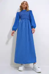 Trend Alaat Stili Women's Blue Stand Collar Crochet Braided Back Zipper Woven Dress