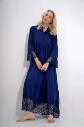 Trend Alaat Stili Women's Navy Blue Collar Robe Buttoned Lace Detailed Maxiboy Dress