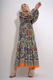 Trend Alaat Stili Women's Orange V-Neck Skirt Flounce Balloon Sleeve Patterned Woven Dress