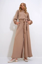 Trend Alaat Stili Women's Stone High Collar Back Zipper Princess Sleeve Waist Belted Jumpsuit