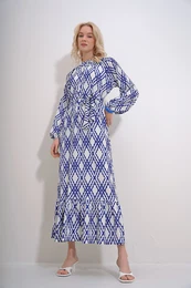 Trend Alaat Stili Women's Saks Crew Neck Waist Belted Skirt Flounced Patterned Dress