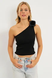 Women's Black Knitwear Blouse with Rose Accessories ET02