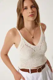 Happiness stanbul Women's Cream Openwork Strappy Crop Knitwear Blouse