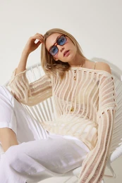 Happiness stanbul Women's Cream Low Shoulder Summer Openwork Knitwear Blouse