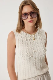 Happiness stanbul Women's Cream Pearl Textured Summer Knitwear Sweater