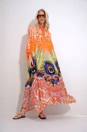 Trend Alaat Stili Women's Orange Full Collar Bat Sleeve Patterned Maxi Length Woven Dress with Slits on the Sides