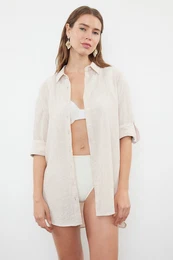 Ecru Woven Linen Look Beach Shirt