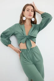 Khaki Crop Woven Tie Beach Blouse