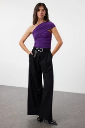 Purple One Shoulder Detailed Detailed Stretchy Knitted Blouse
