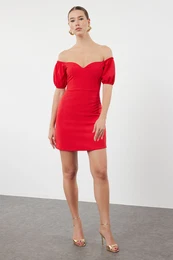 Red A-Cut Balloon Sleeve Woven Short Elegant Evening Dress