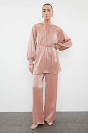 Dusty Rose Satin Woven Top-Bottom Set