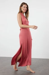 Dried Rose Belted Maxi Knitted Tie-Up Beach Dress