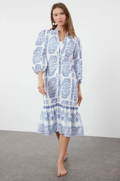 Blue Paisley Patterned Midi Woven Ruffle Beach Dress