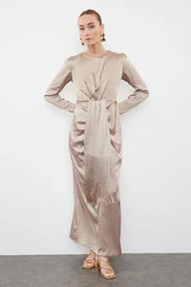 Mink Tassel Detailed Satin Woven Evening Dress