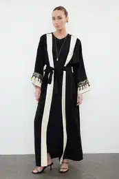 Black Accessory Detailed Woven Cap & Abaya & Abaya