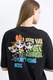 Oversize Fit Crew Neck Printed PowerPuff Girls Licensed Mini Short Sleeve Knitted Dress