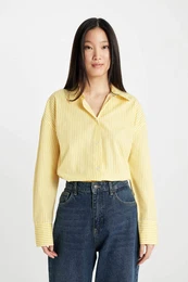Shirt Collar Poplin Long Sleeve Crop Shirt