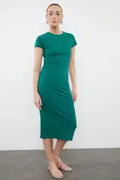 Emerald Green Short Sleeve Fitted Cotton Stretchy Midi Knitted Dress
