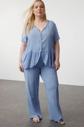 Curve Blue V-Neck Button-Woven Pajama Set