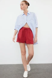 Red 100% Linen Elastic Waist High Waist Shorts