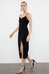 Black Strap Slit Gathered Cutout V-Neck Detailed Flexible Knitted Midi Pencil Dress