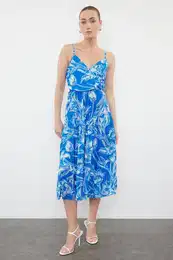 Navy Blue Patterned Waist Opening Midi Double Breasted Pleated Adjustable Strapped Knitted Dress
